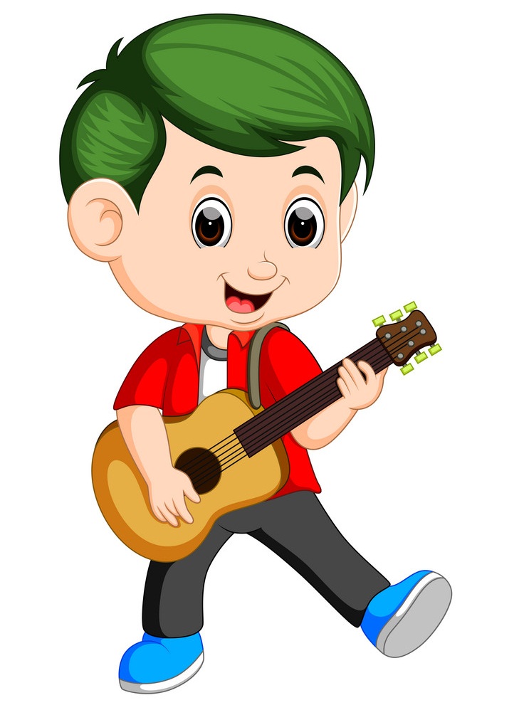 アコースティック ギターで遊んで幸せな少年のイラスト イラスト