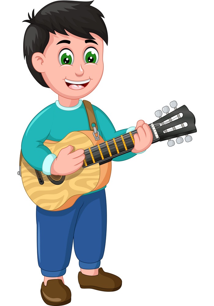アコースティック ギターを持つ面白い男の子のイラスト イラスト