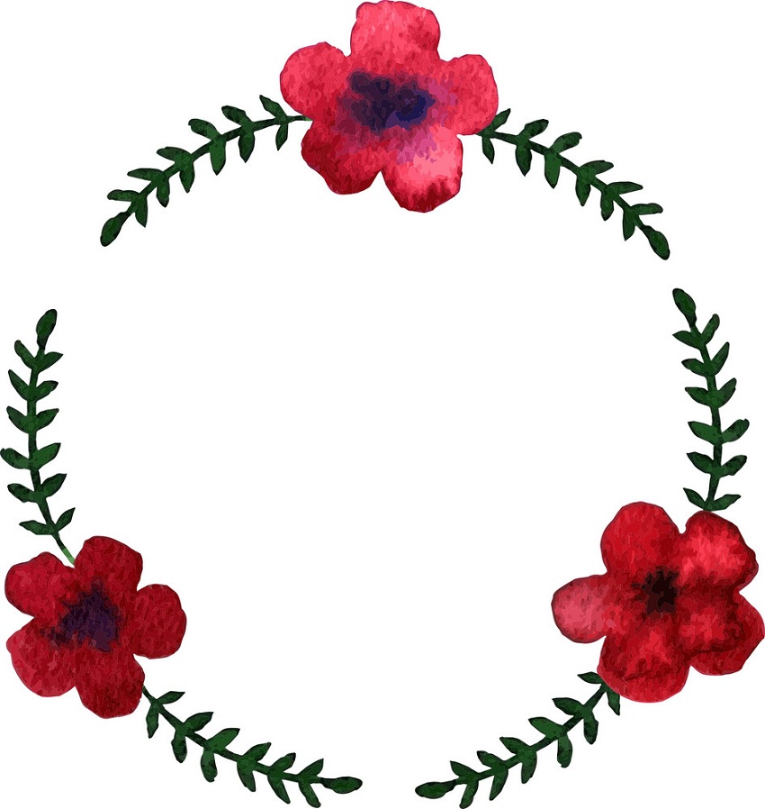 赤い花で飾られた円形のリースのイラスト
