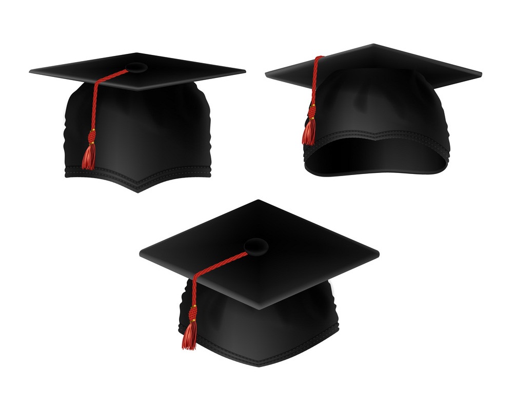 赤いタッセルが付いた 3 つの卒業帽のイラスト イラスト