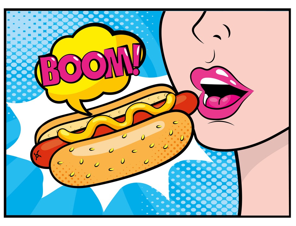 ブームポップアートメッセージでホットドッグを食べる女性のイラスト イラスト