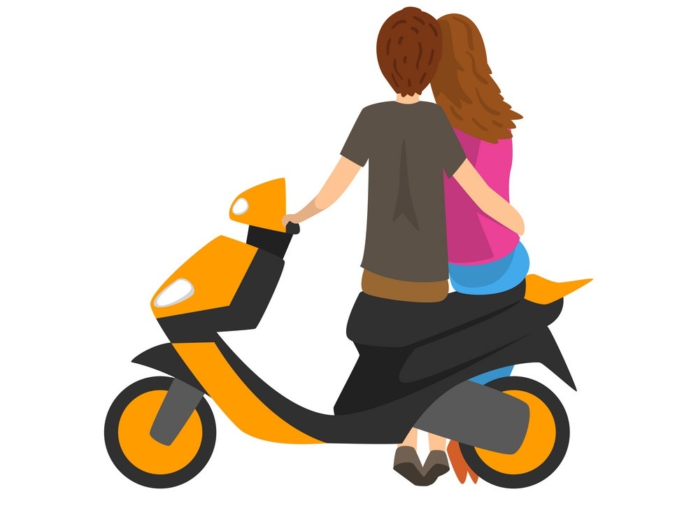 バイクに座って恋をしている若いカップルのイラスト イラスト