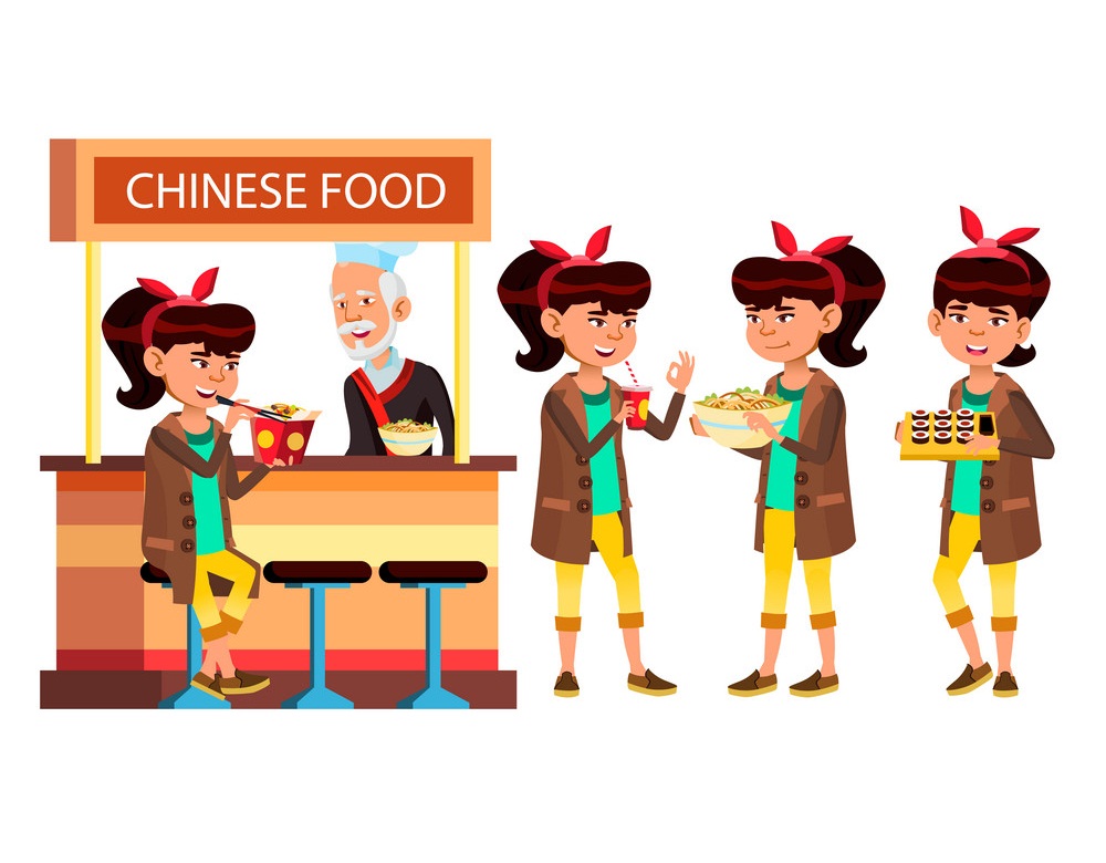 中華料理を持つアジアの女の子のイラスト イラスト