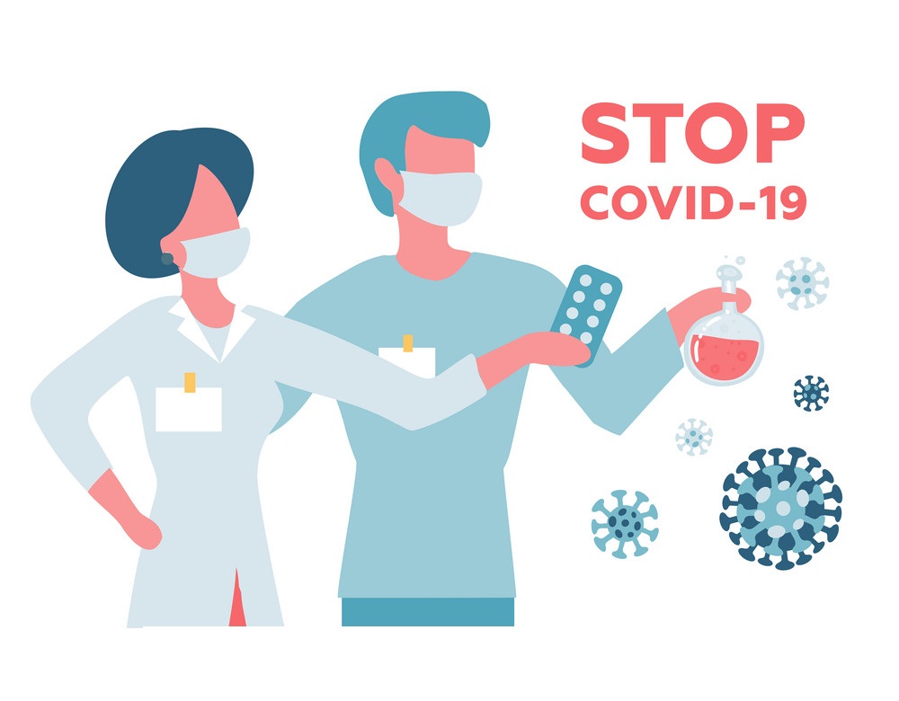 COVID-19武漢新型コロナウイルス2019-nCoV、医療用フェイスマスクをした医師の女性と男性。ウイルス検疫の概念。コロナウイルスの治療薬を手に持つ科学者。フラットのベクトル図です。 イラスト