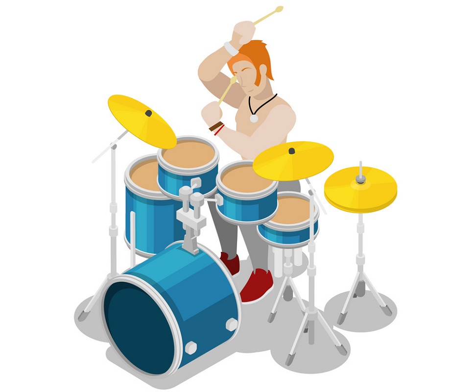 ドラムで演奏する等尺性のロックドラマーのイラスト イラスト