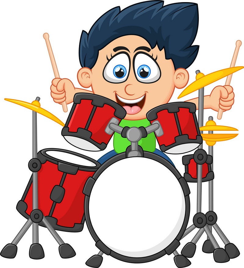 ドラムを演奏する小さな男の子をイラストします。 イラスト