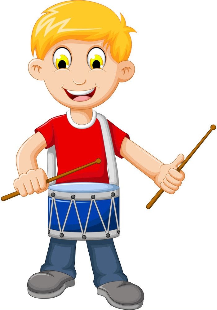 ドラムを持つ赤シャツの少年のイラスト