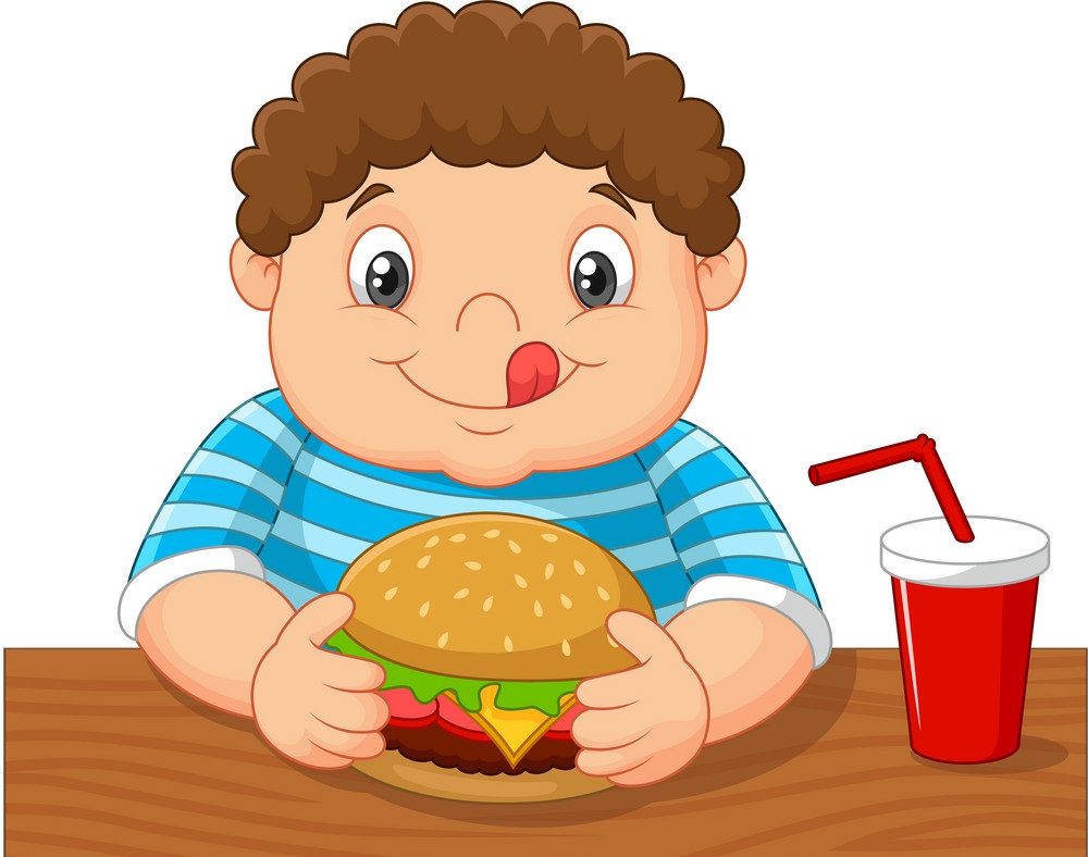 笑顔で大きなハンバーガーを食べる準備ができている太った男の子のイラスト