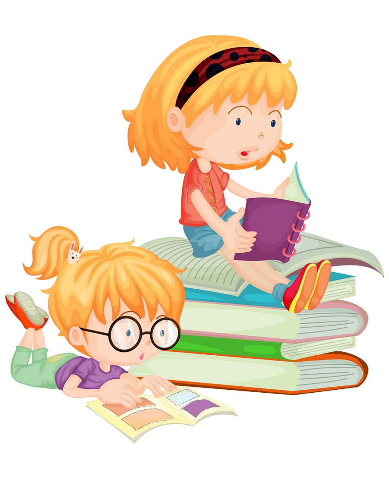 学校で本を読んでいる 2 人の子供のイラスト