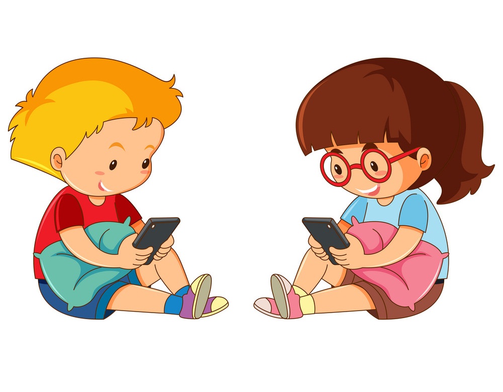 携帯電話をしている男の子と女の子のイラスト イラスト