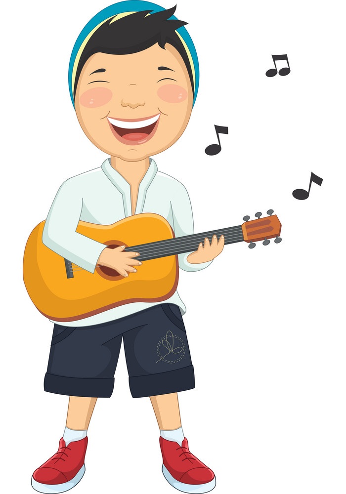 ギターを弾いている幸せな少年のイラスト イラスト