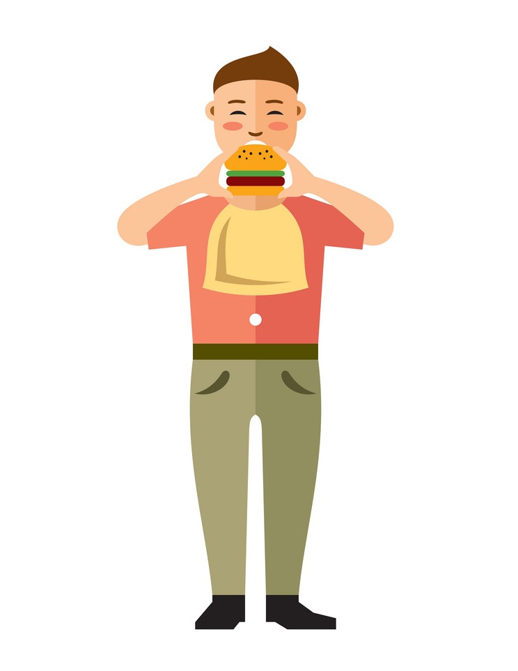 ハンバーガー フラットを持つ幸せな流行に敏感な男のイラスト