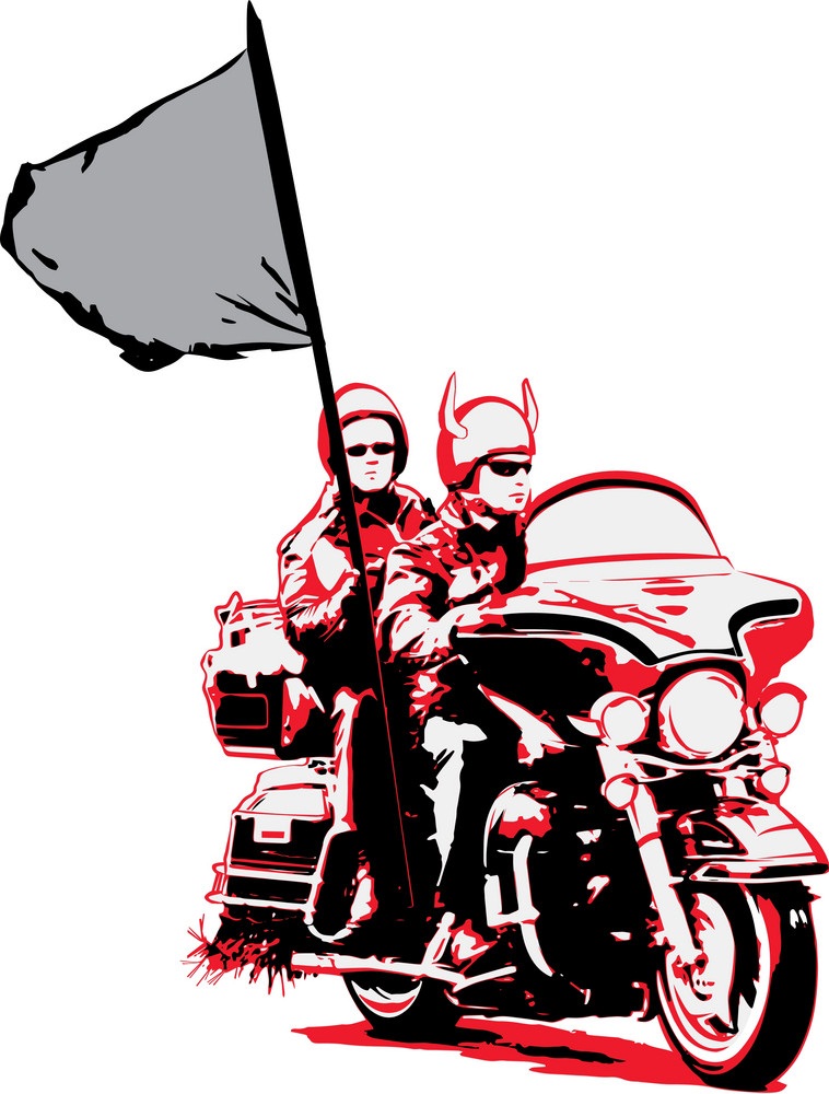 旗を持ったバイクに乗るカップルのイラスト イラスト