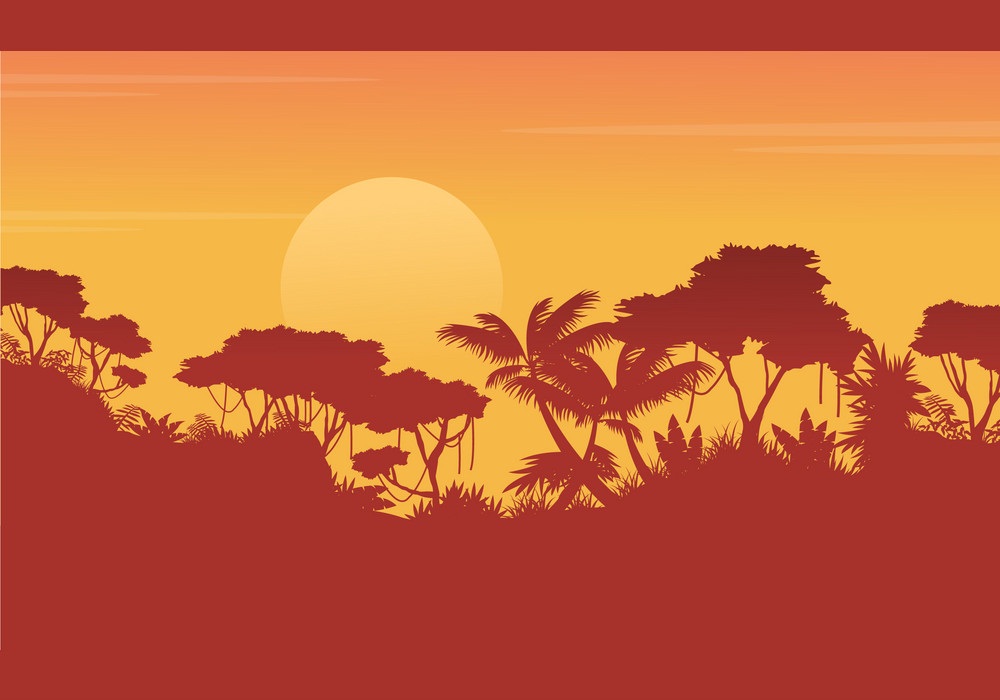 日の出風景のジャングルのイラスト