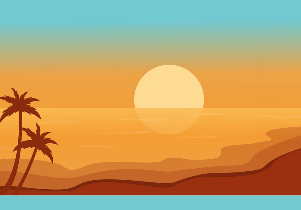 日の出のビーチの風景イラスト