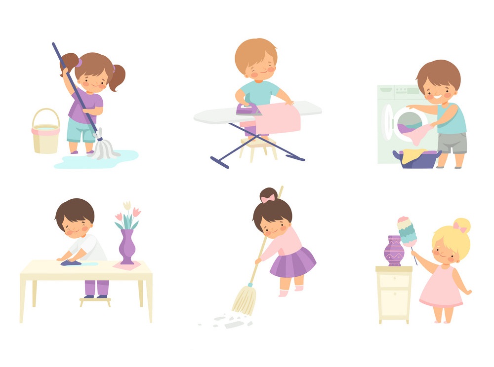 家で家事をしているかわいい愛らしい子供たちのイラスト イラスト