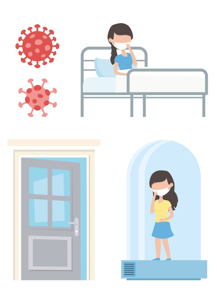 イラストウイルス covid 19 隔離、病院のベッドと隔離されたチューブにいる女性 イラスト