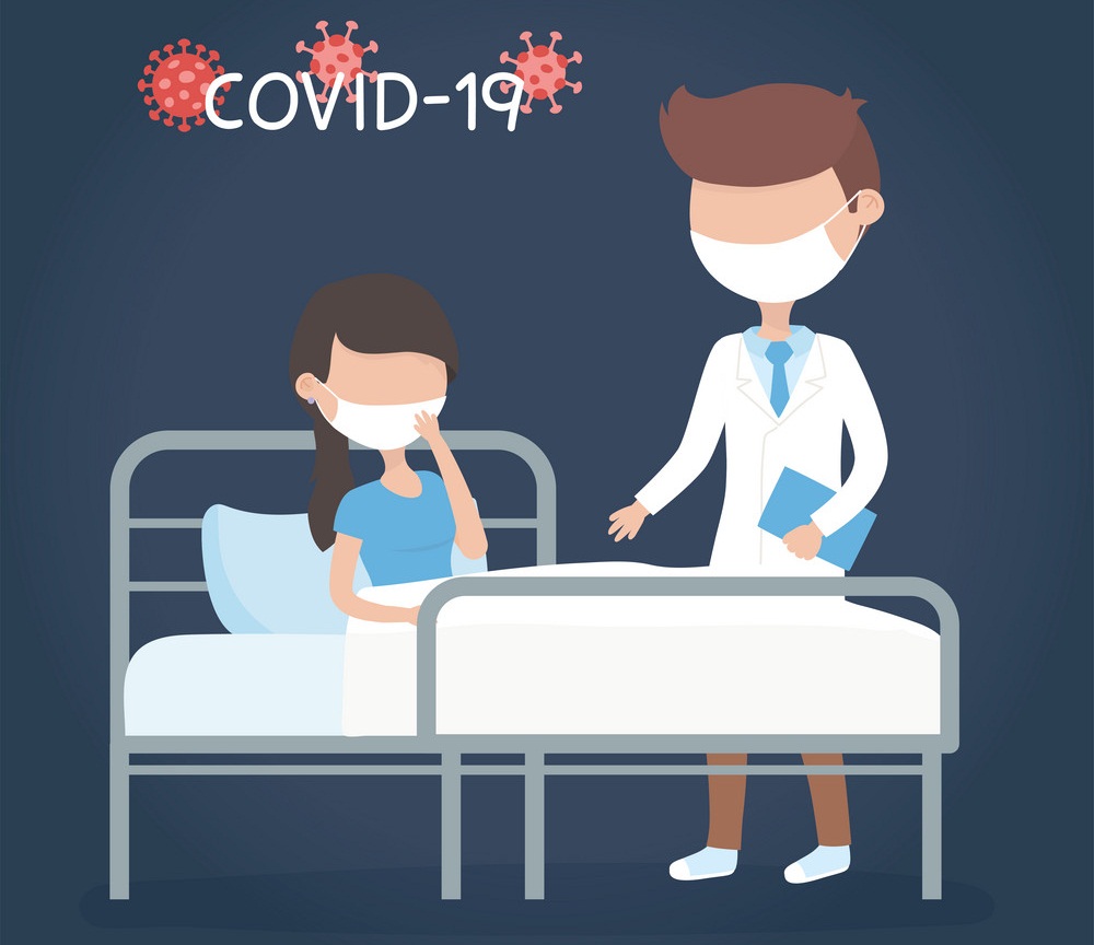 イラストウイルス covid 19 検疫、ベッドクリニックの医師と病気の女性 イラスト