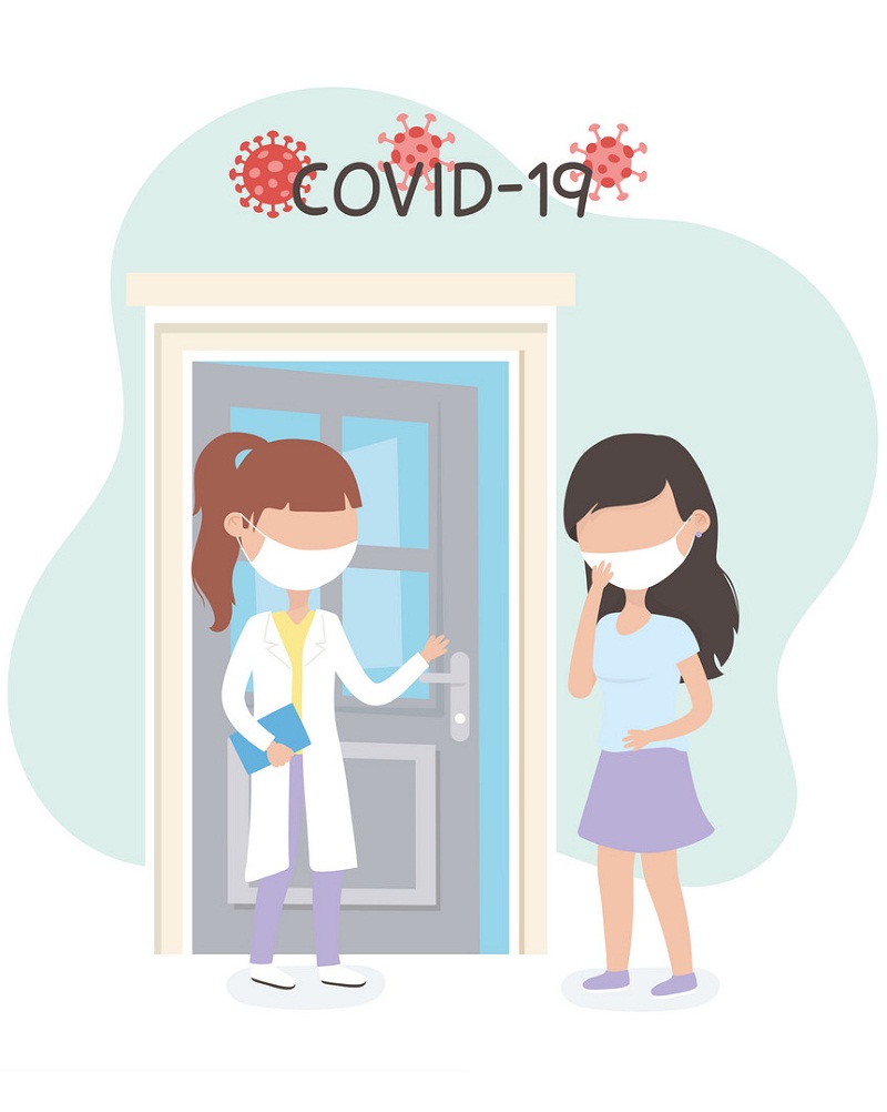 イラストウイルス covid 19 検疫、女性医師とマスクをした女性 イラスト