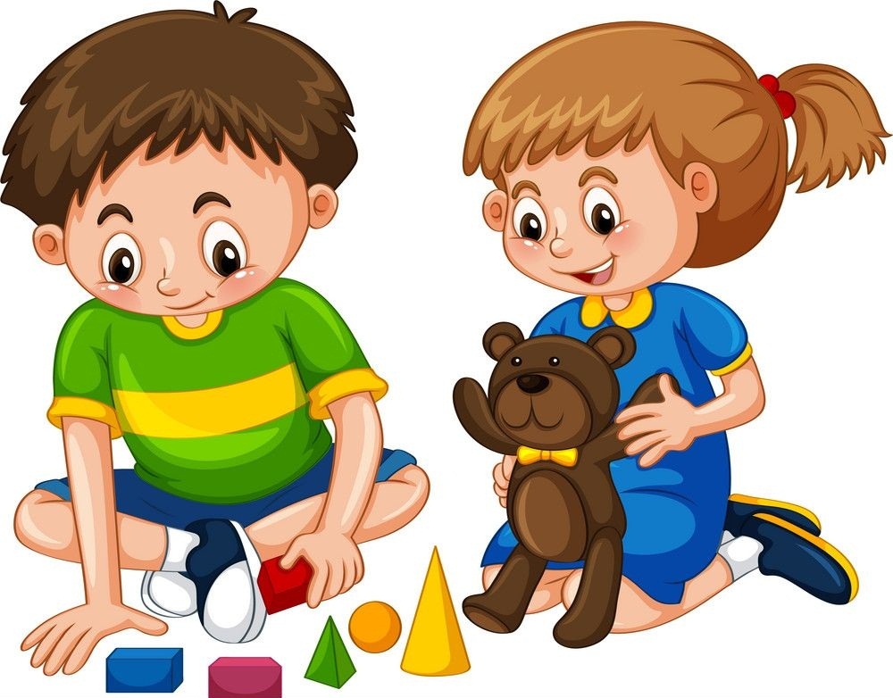 一緒におもちゃで遊んでいる男の子と女の子のイラスト イラスト