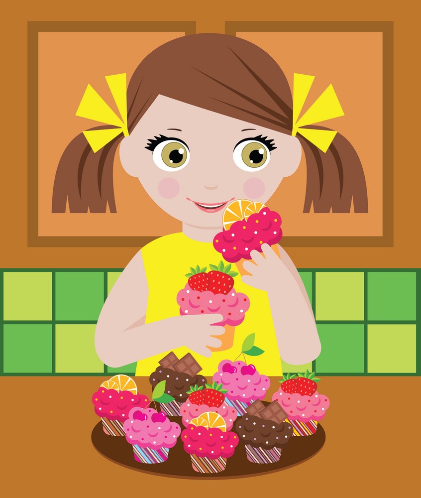 カップケーキを食べる女の子のイラスト イラスト