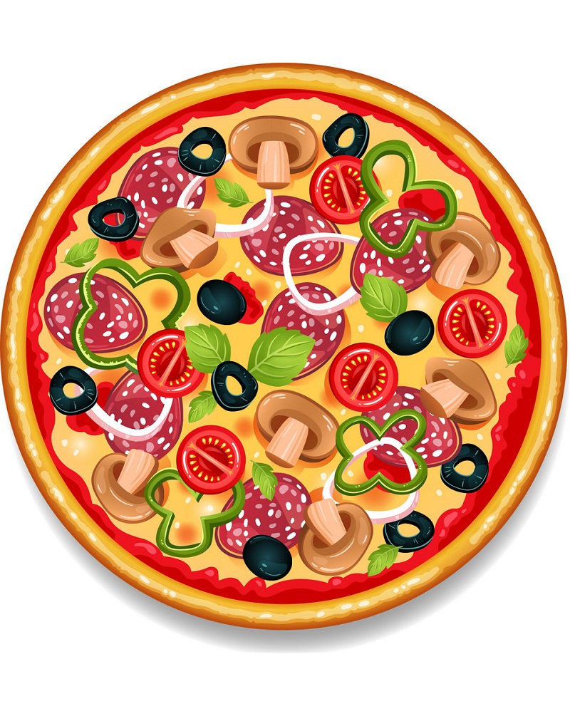 カラフルな丸いおいしいピザのイラスト