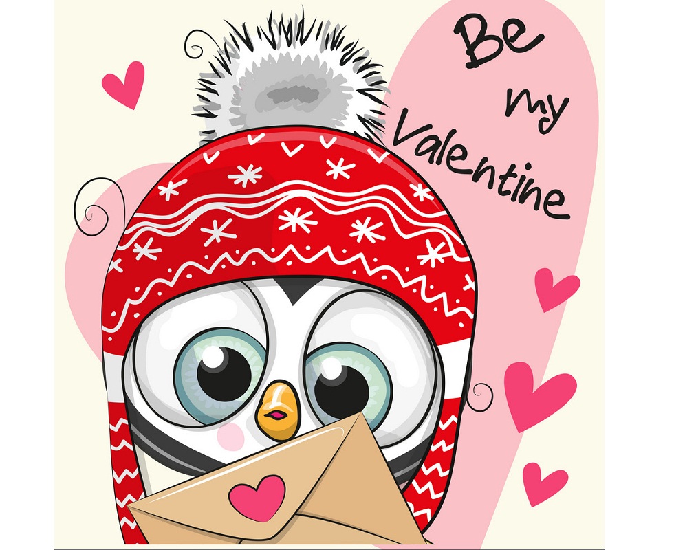 かわいい漫画のペンギンのイラストが入ったバレンタイン カード イラスト