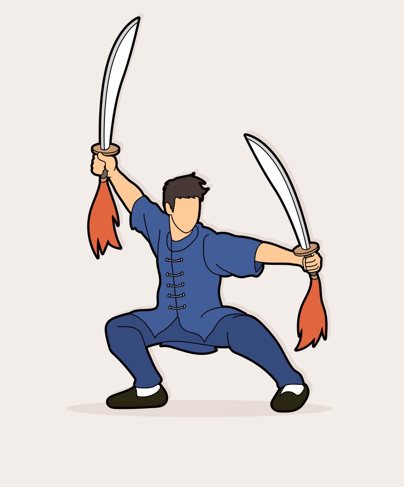 剣の戦いのポーズをとったカンフーマンのイラスト イラスト