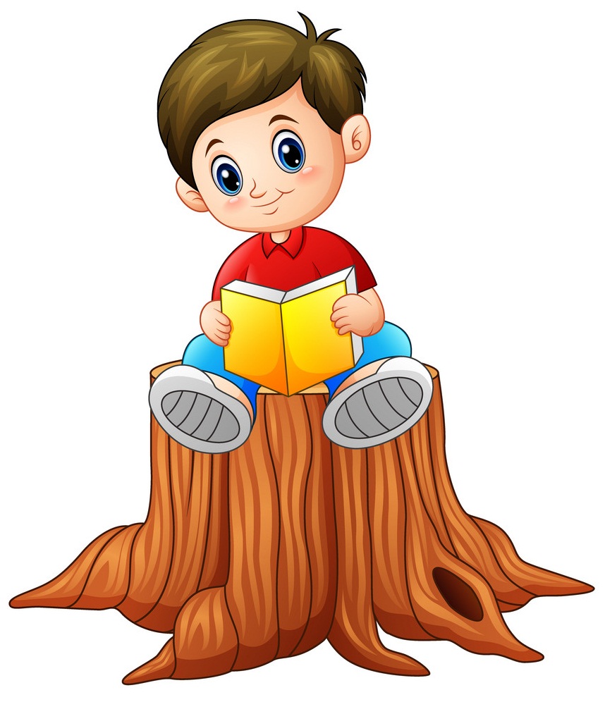 木の上に座って本を読んでいる男の子のイラスト