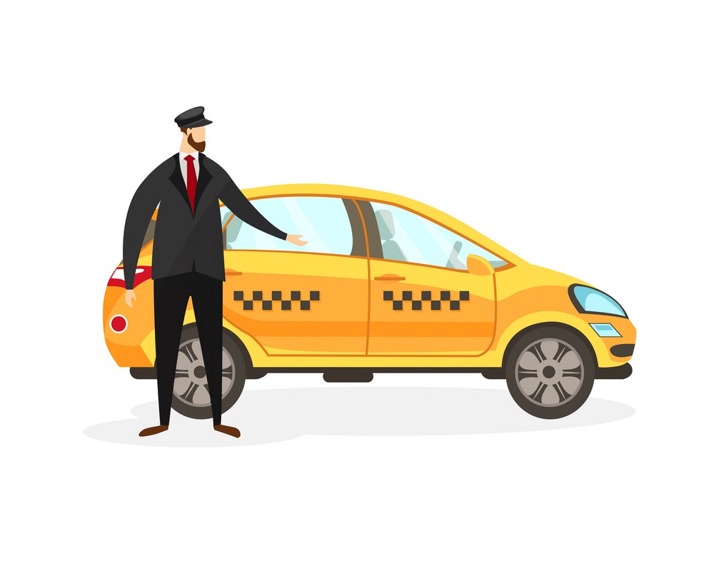 黄色い車の近くのひげを生やしたタクシー運転手イラスト イラスト