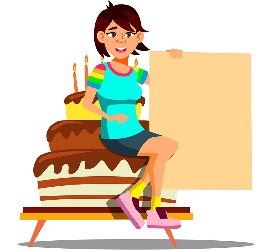 大きなケーキの上に座っているアジアの女の子のイラスト