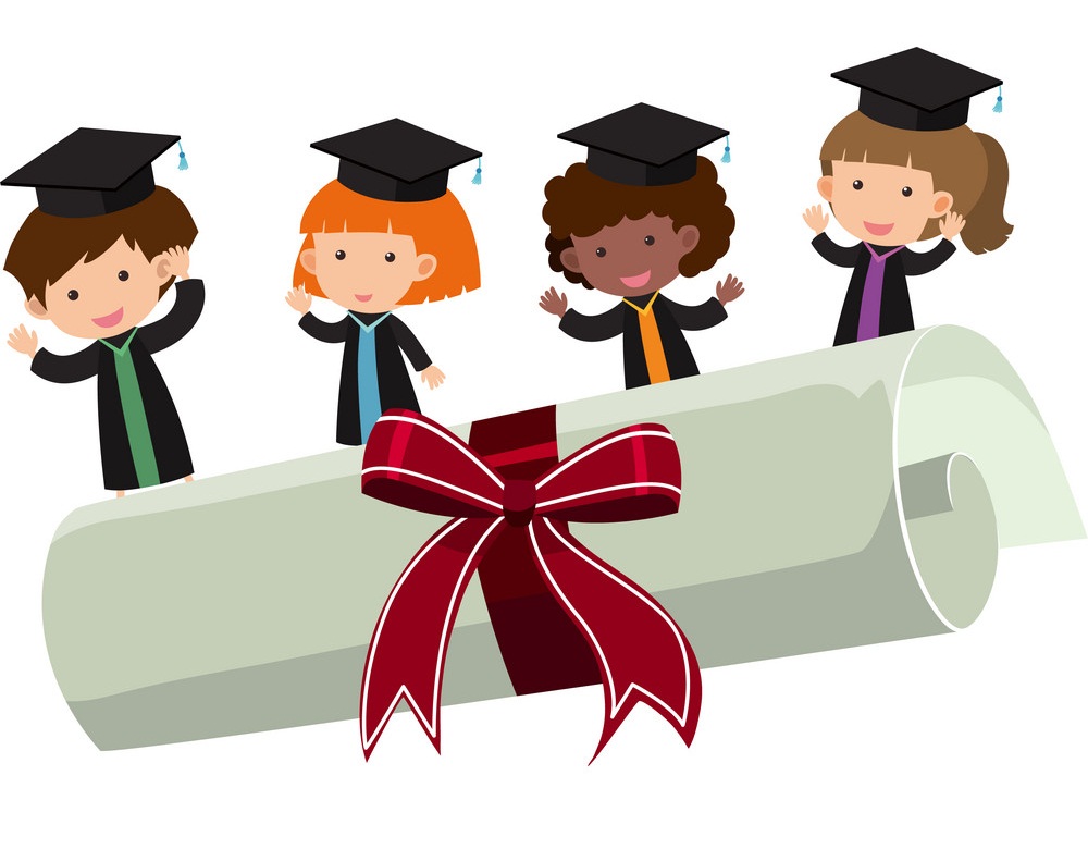 大きなロールの卒業証書を持つ卒業の子供たちのイラスト イラスト
