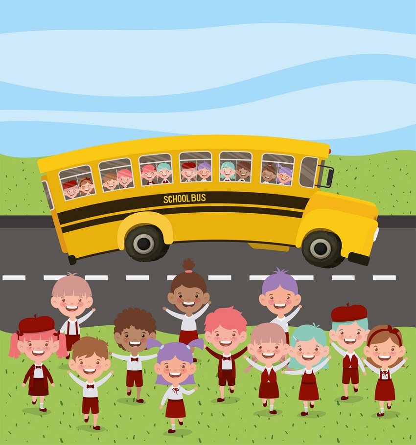 子供たちとスクールバスのイラスト