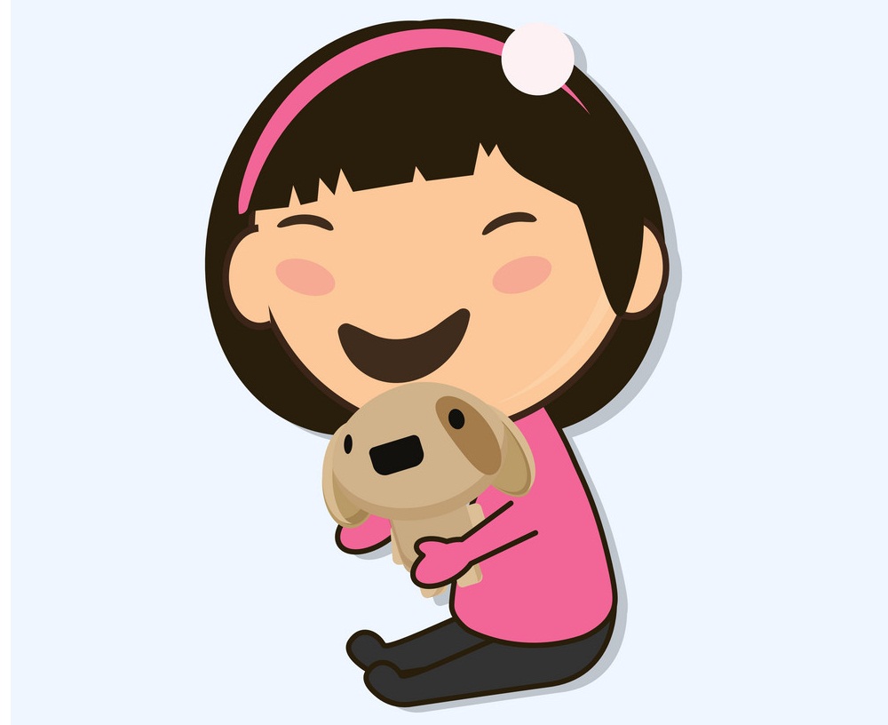 子犬と幸せなアジアの女の子のイラスト イラスト