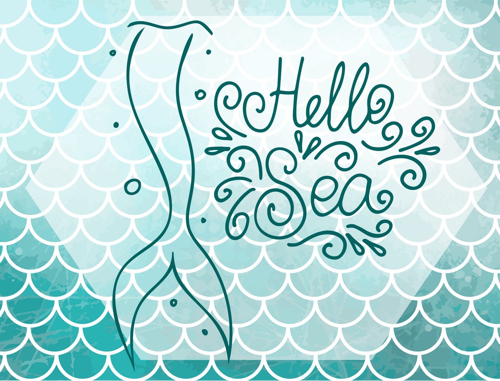 こんにちは、人魚の尾を持つ海のイラスト イラスト