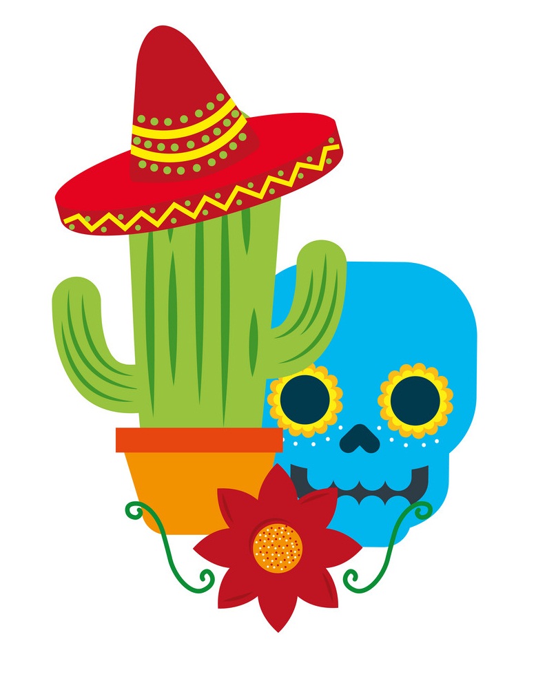 メキシコの頭蓋骨サボテンの帽子と花のイラスト