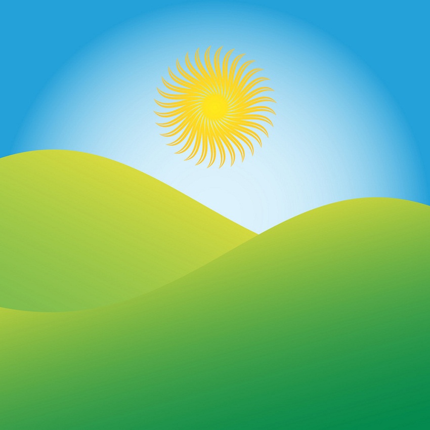 緑の丘の上に昇る太陽のイラスト イラスト