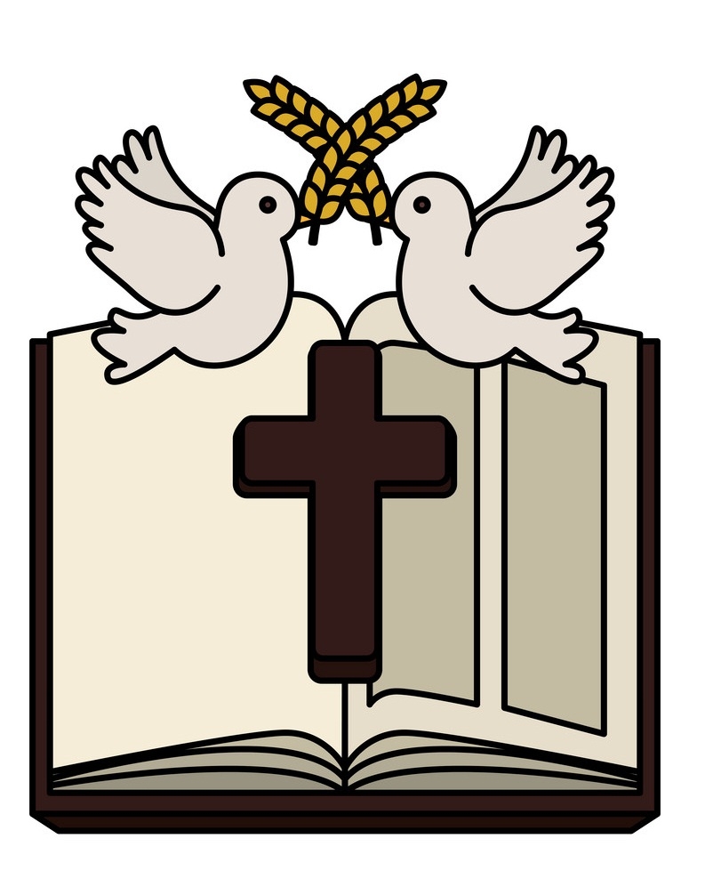 木製の十字架と鳩を持つ聖書のイラスト