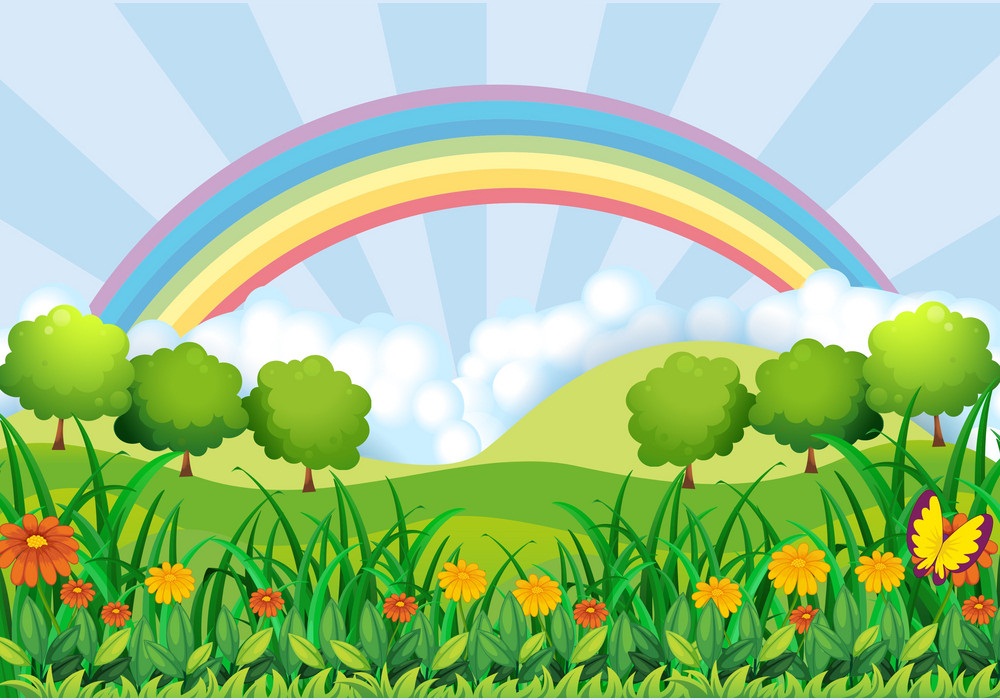 虹と花畑のイラスト イラスト
