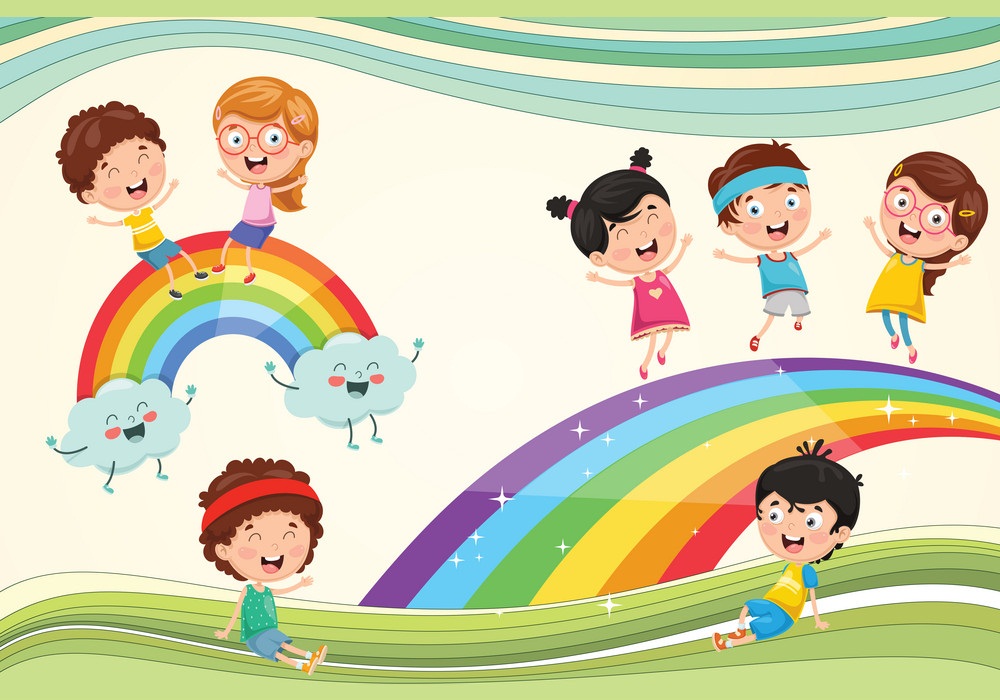 虹と幸せな子供たちのイラスト イラスト