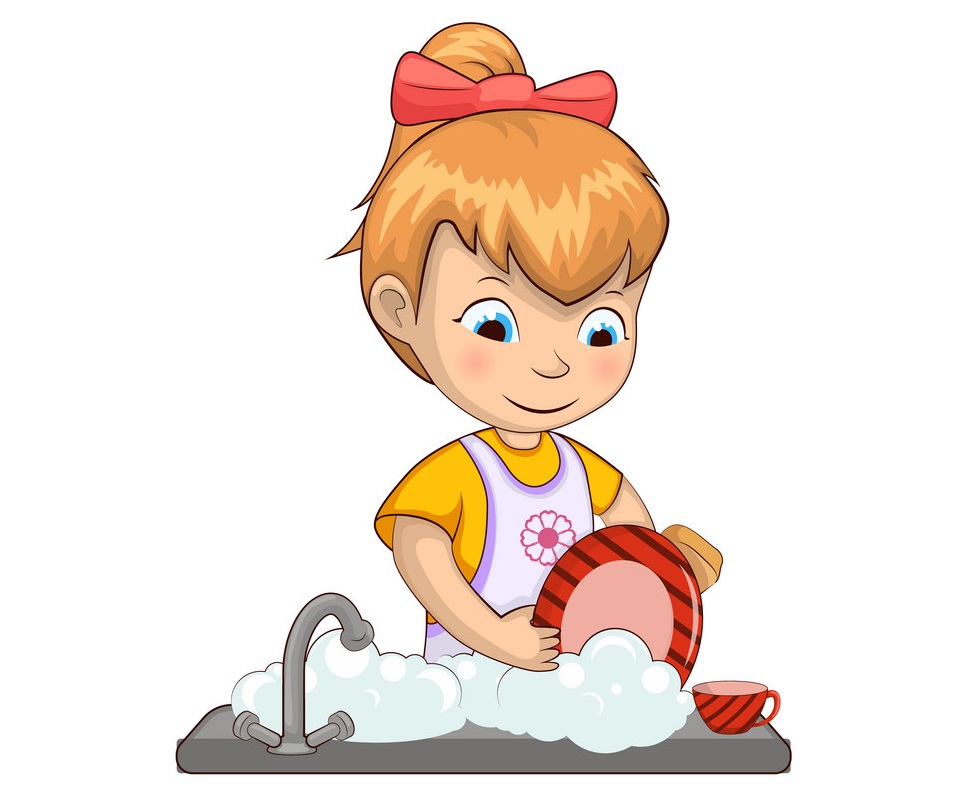 お皿を洗う小さな女の子のイラスト