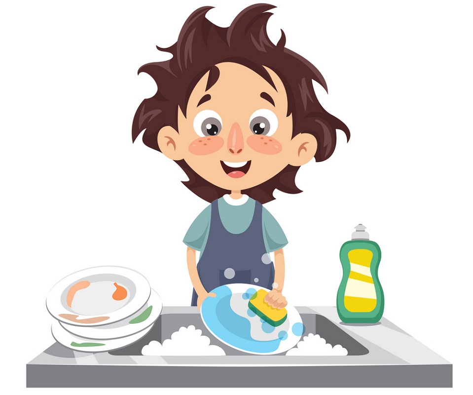 お皿を洗う子供のイラスト イラスト