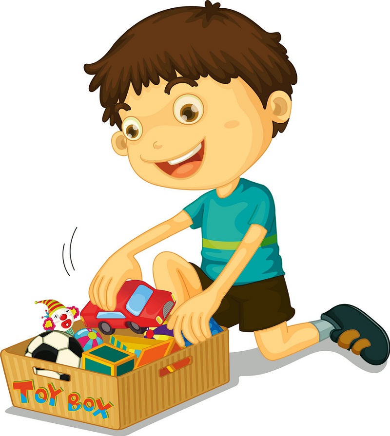 おもちゃ箱を持つ男の子のイラスト