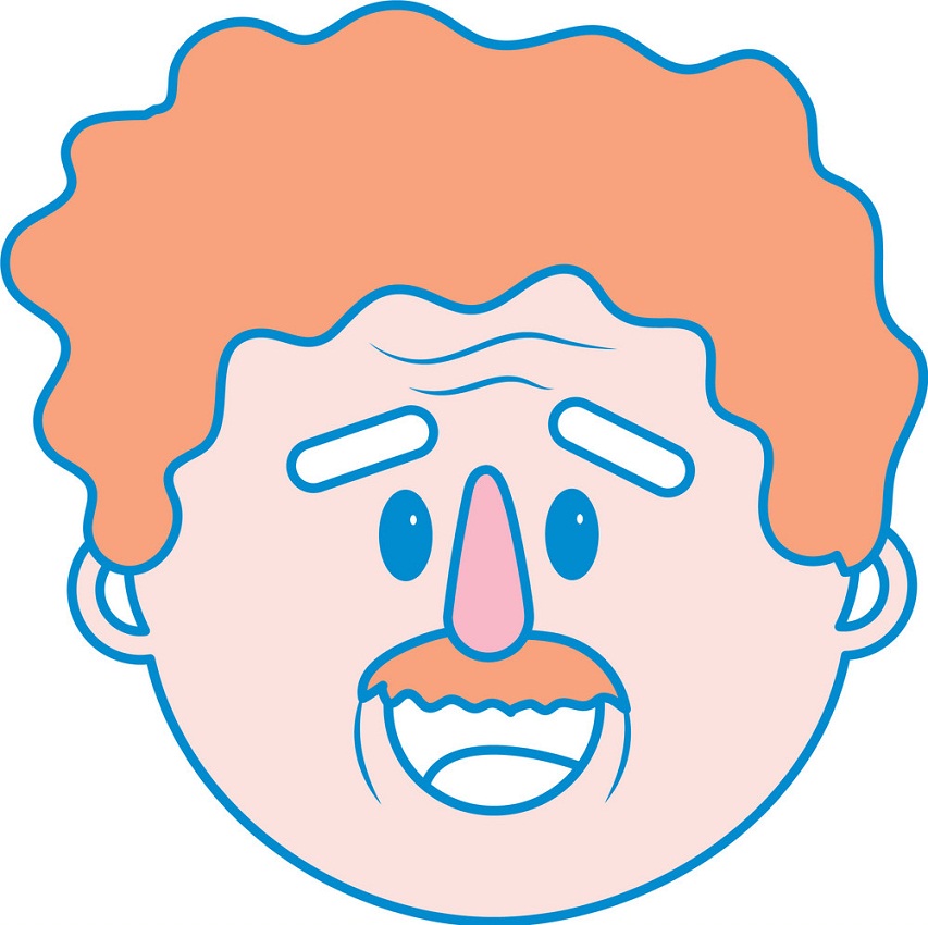 オレンジ色の髪と口ひげを持つ老人の顔をイラストします。