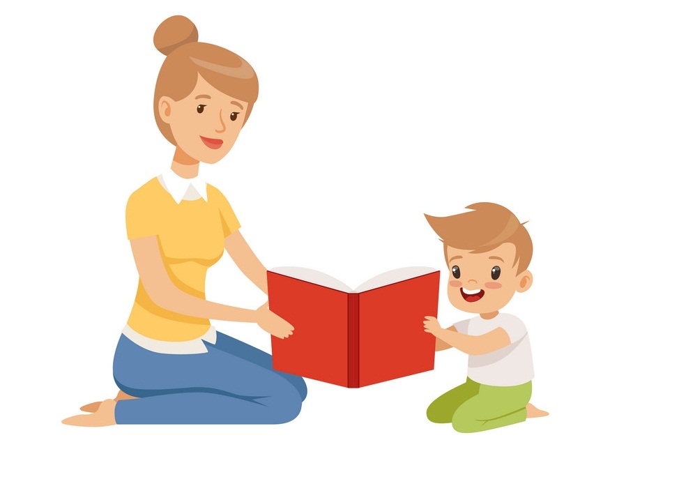 幼い息子に本を読んでいる母親のイラスト イラスト