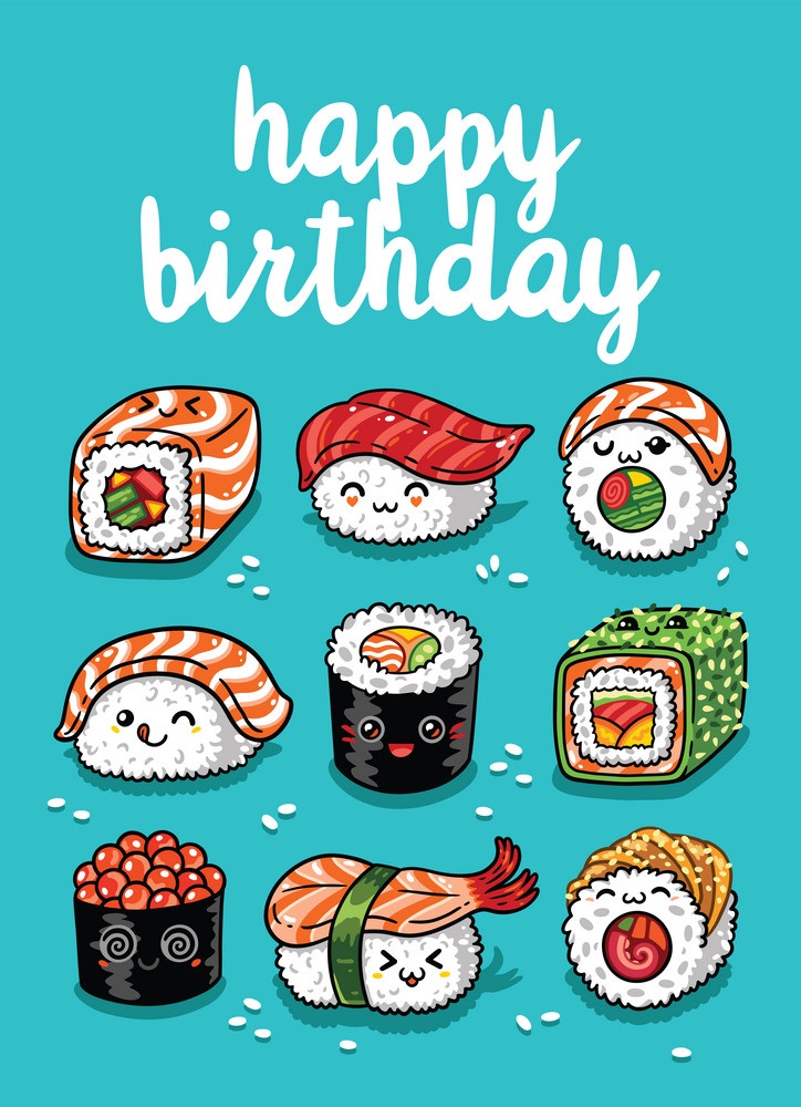 お誕生日おめでとうテキストと漫画寿司のイラスト