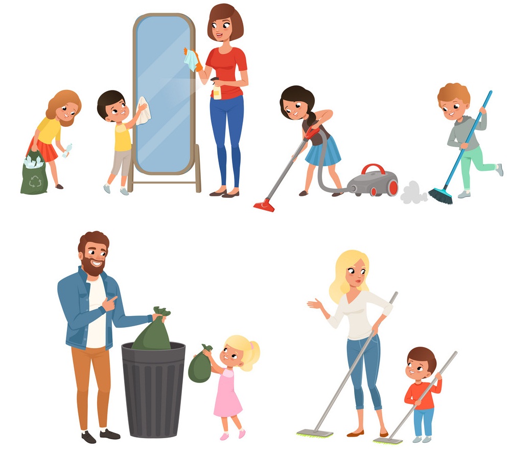 親の家事を手伝う子供たちのイラスト イラスト