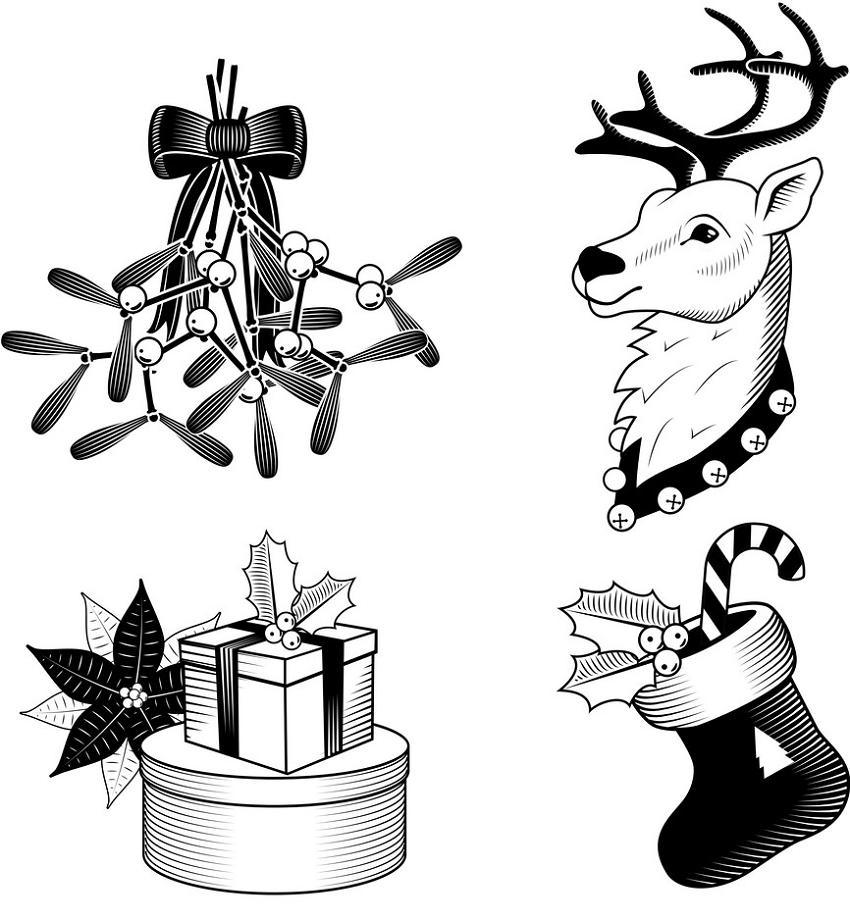 レトロなクリスマス セット イラスト白黒 イラスト