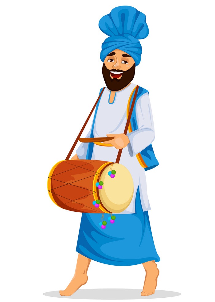 装飾されたドラムを持つシーク教徒の男性のイラスト イラスト