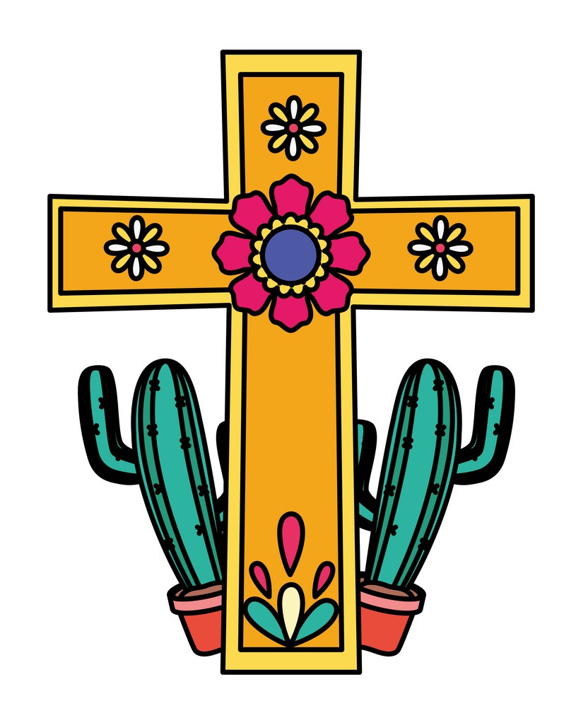 サボテンの植物と十字架の宗教のイラスト イラスト